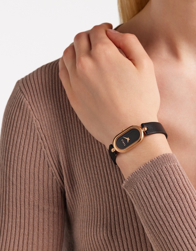 Furla - Ooh Rose 32mm Oval Rose Gold-Tone Case with Black Leather Strap