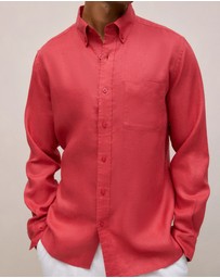 Trenery - Regular Fit Linen Classic Long Sleeve Shirt in Crimson