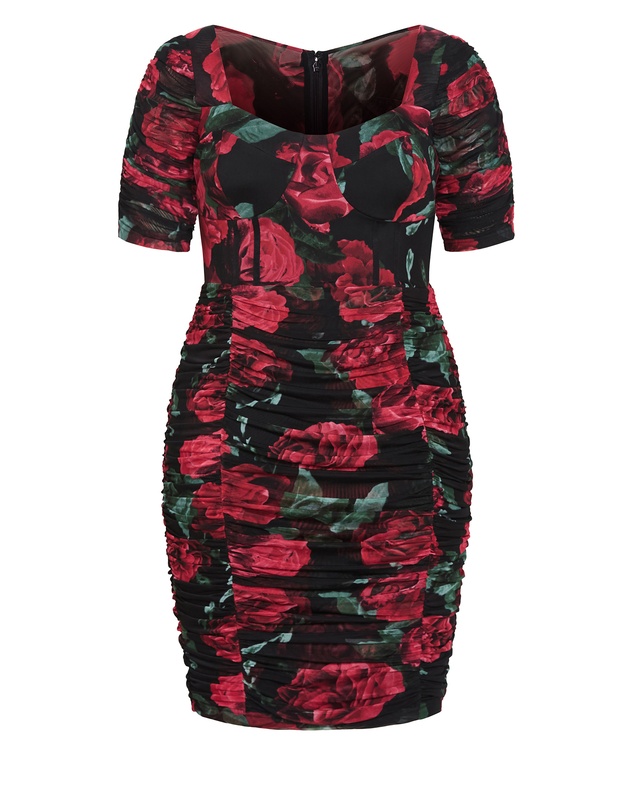 City Chic - Plus size Bustier Rose Print Ruched Dress - black