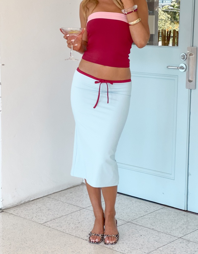 Beginning Boutique - Myles Blue Tie Waist Jersey Midi Skirt