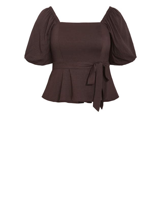 City Chic - Plus size Collins Puff Sleeve Tie Waist Top - chocolate
