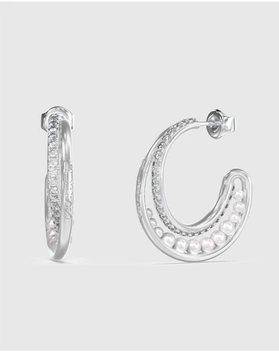GUESS - Silver-Tone Tiny Pearly Hoop Earrings