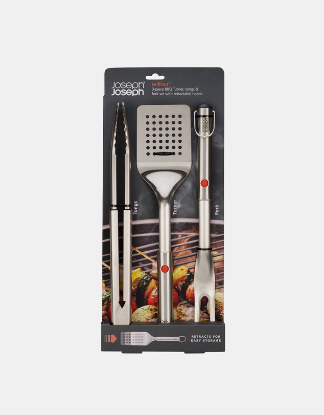 Joseph Joseph - GrillOut™ 3-piece BBQ Turner, Tongs & Fork Set with Retractable Heads