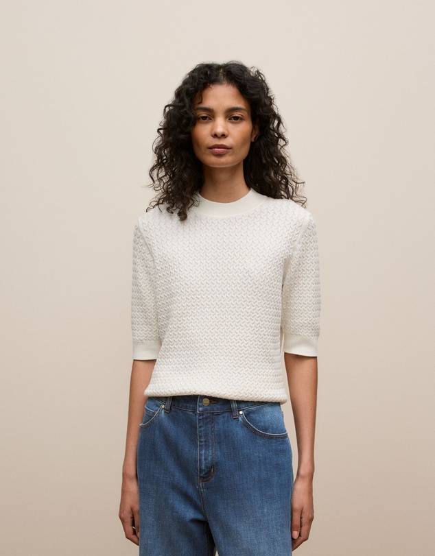 Trenery - Cotton Cashmere Cable Mock Neck Knit in Ivory