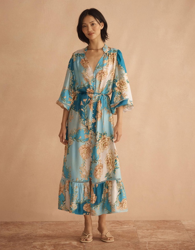 AUR OCEA - Silk Blousson Frill Midi Dress