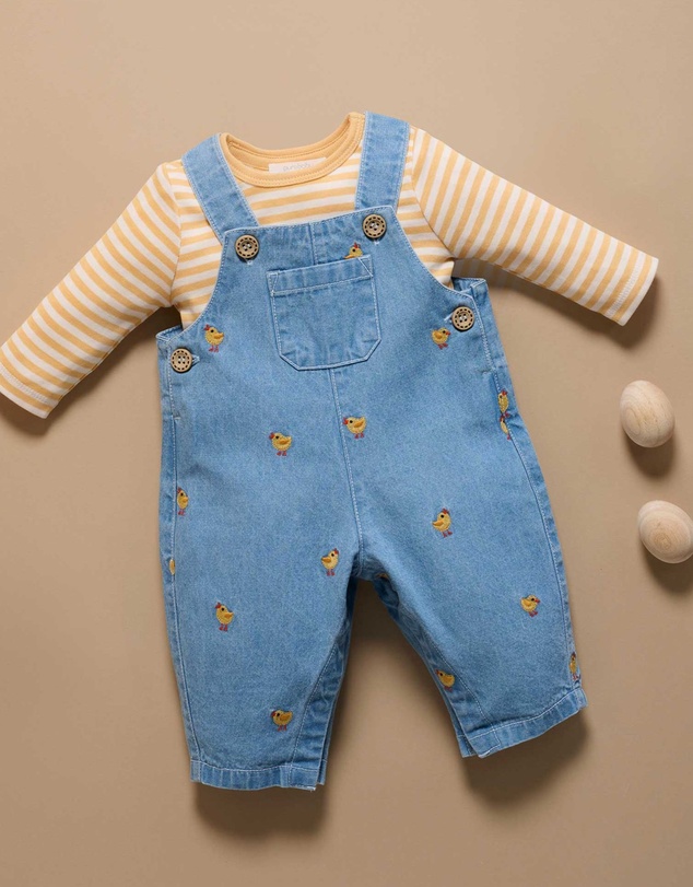 Purebaby - Chook Embroidered Denim Overall Set -Kids-Babies