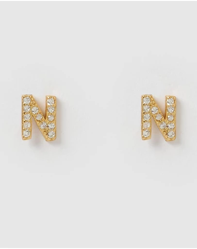 Izoa - Alphabet Mini Letter N Stud Earrings Gold