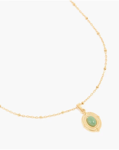 Lovisa - Waterproof Gold Plated Stainless Steel Green Semi Precious Stone Boho Disc Necklace