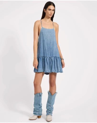 ONE TEASPOON - Tencel Bubble Hem Mini Slip Dress - Washed Blue