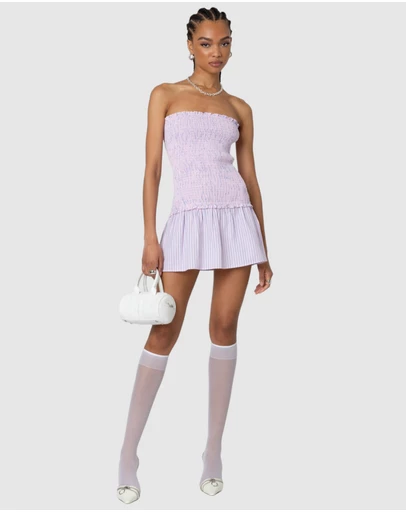EDIKTED - Striped Scrunch Strapless Mini Dress