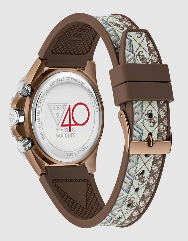 GUESS - ICONIC 40TH Logo 39mm Silver-Tone Case Brown Silicone Strap