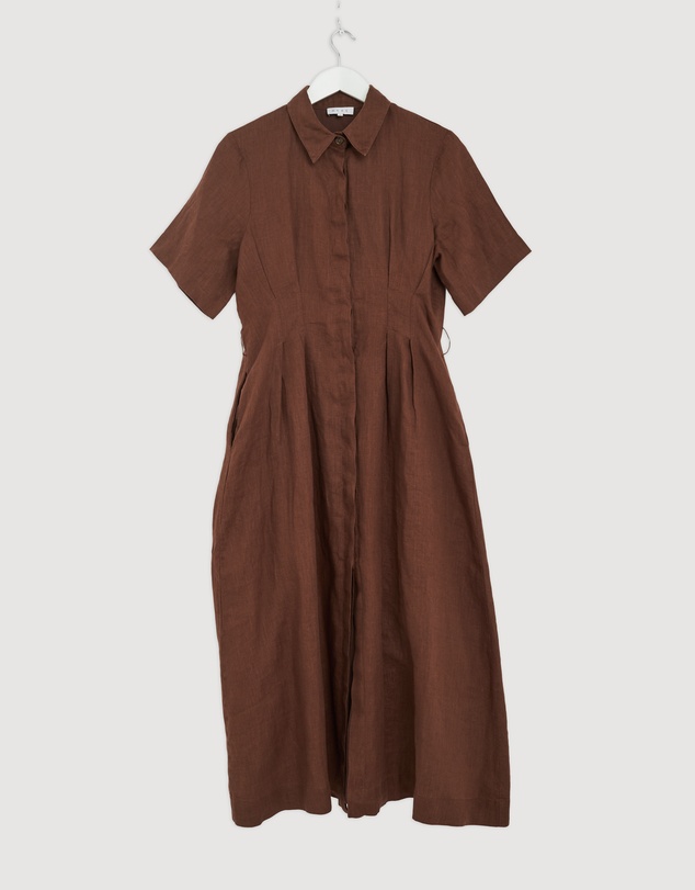 Revibe - Repaired AERE Orien Tuck Waist Linen Shirt Dress - AU 12