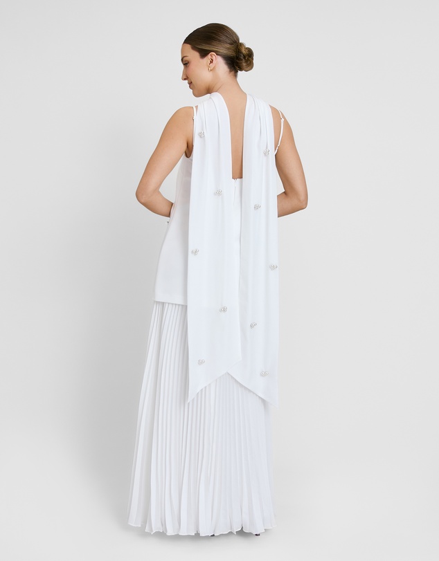 Six Stories - Embellished Pearl Strappy Maxi Dress with Neck Scarf