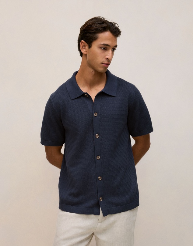 Trenery - Cotton Basketweave Knit Shirt in Navy