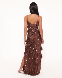 Petal & Pup - Ciao Ruffles Maxi Satin Dress - Brown Polka Dot
