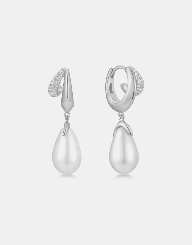 Ania Haie - Silver Sparkling Duet Mixed Shell Pearl Drop Huggie Earrings