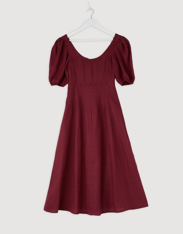 Revibe - Repaired AERE Paloma Linen Puff Sleeve Midi Dress - AU 8