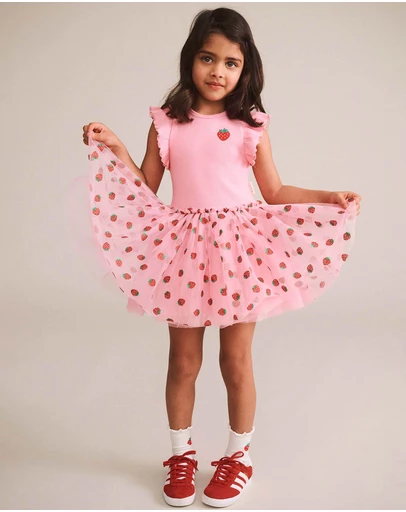 Huxbaby - Strawberry Embroidered Short Sleeve Tulle Dress - Babies-Teens