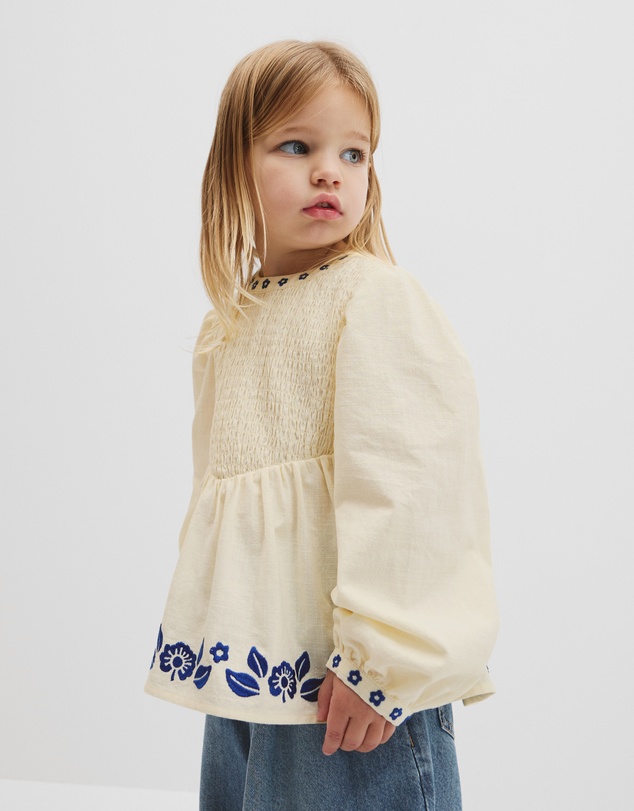 Country Road - Long Sleeve Embroidered Shirred Blouse