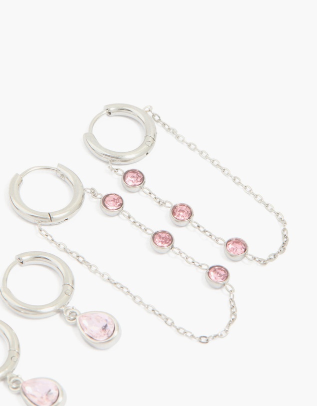 Lovisa - Waterproof Stainless Steel Pink Cubic Zirconia Chain Droplet & Classic Huggie Earrings 2-Pack