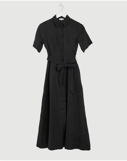 Revibe - Repaired AERE Orien Tuck Waist Linen Shirt Dress - AU 6