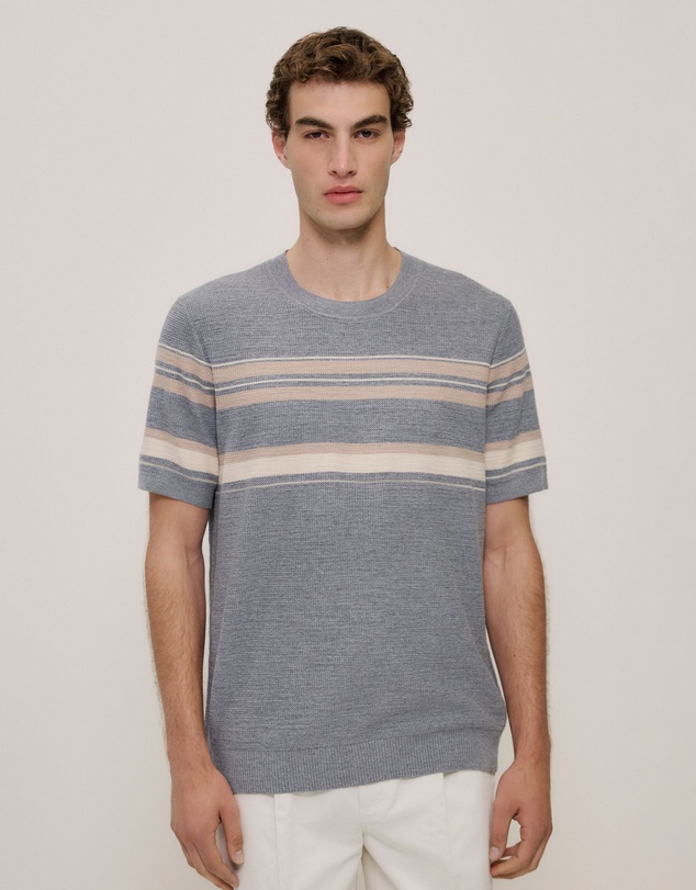 Trenery - Cotton Linen Stripe Knit T-shirt in Grey Melange