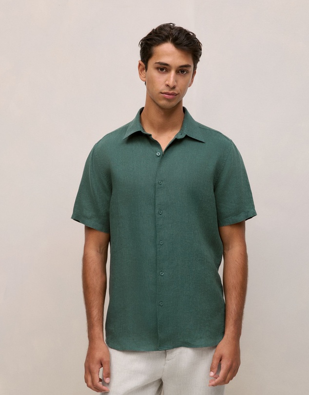 Trenery - Linen End On End Short Sleeve Shirt in Woodland Green
