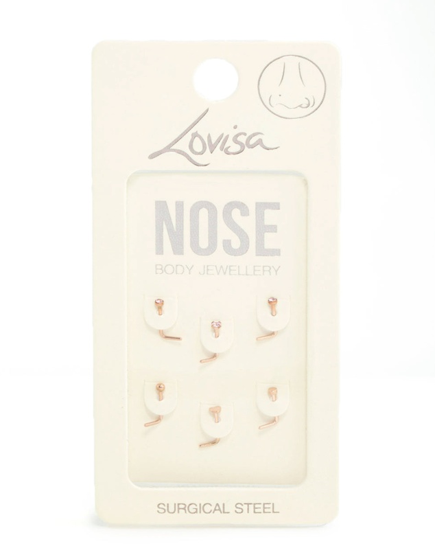 Lovisa - Rose Gold Plated Surgical Steel Heart & Diamante Nose Studs 6-Pack