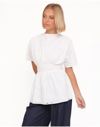 Petal & Pup - Carmel Tie Back Tunic Top - White Embroidery