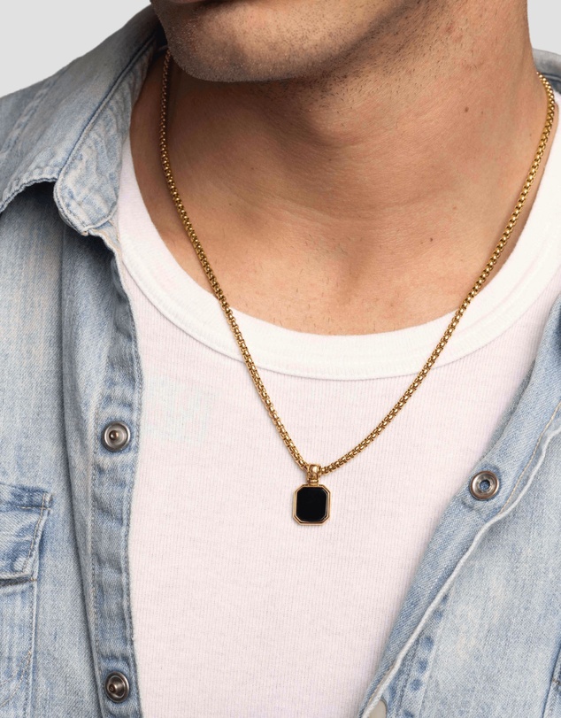 Nialaya Jewellery - Men's Gold Necklace with Square Matte Onyx Pendant