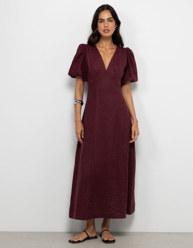 AERE - Lori Puff Sleeve Linen Midi Dress