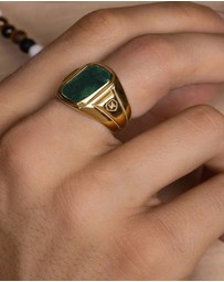 Nialaya Jewellery - Men's Oblong Gold Plated Signet Ring with Green Jade