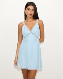 Dazie - Porcelain Linen Blend Lace Trim Mini Dress