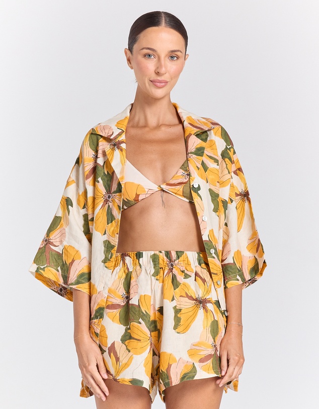 Poolside Paradiso - Tropics 100% Linen Resort Short - Marigold
