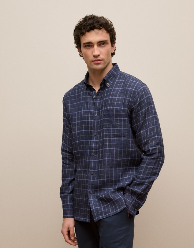 Trenery - Regular Fit Linen Fine Check Shirt in Navy