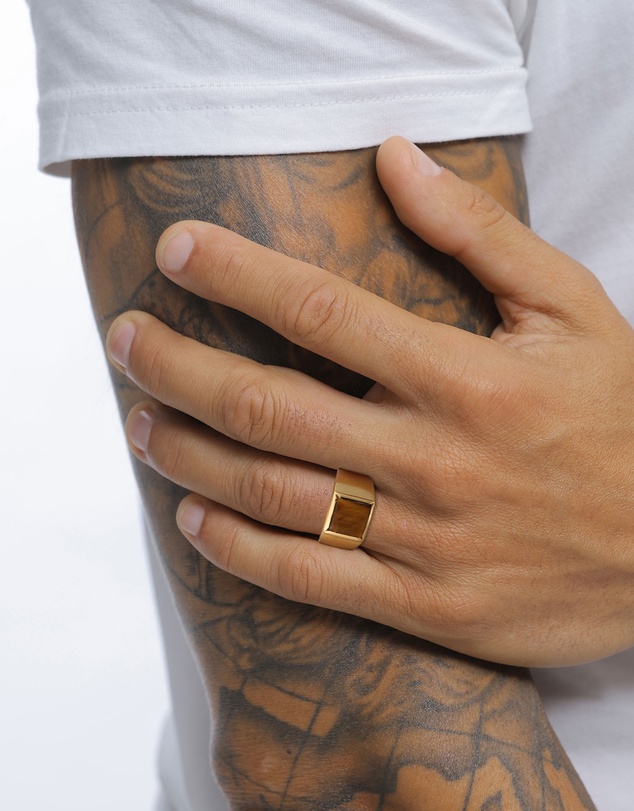 Kuzzoi - ICONIC EXCLUSIVE - Tiger's Eye Signet Ring with in Gold-Plated 925 Sterling Silver
