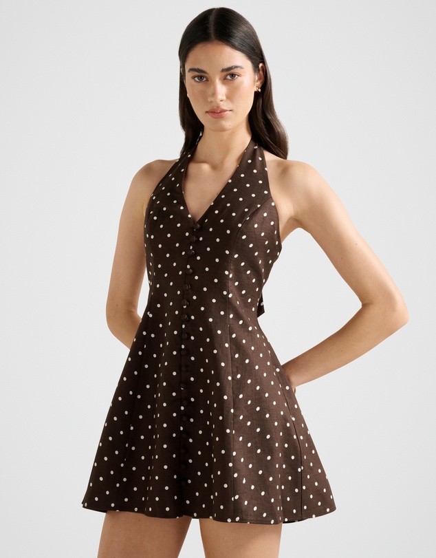 Forever New - Ina Button Front Halter Neck Linen Mini Dress