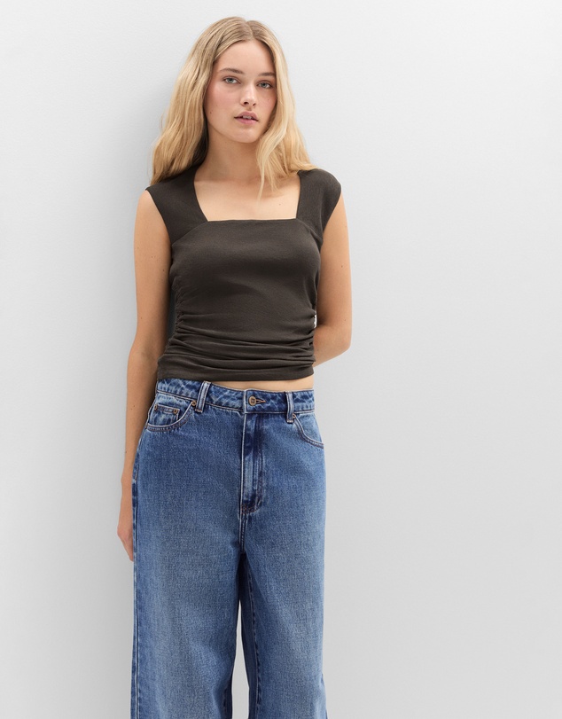 UNISON - Sleeveless Ruched Mesh Top