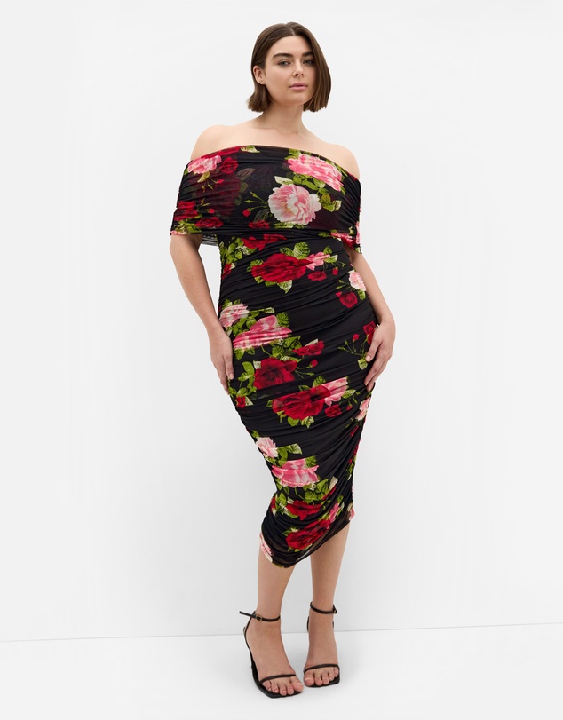 City Chic - Plus Size Dana Mesh Rose Print Dress - black