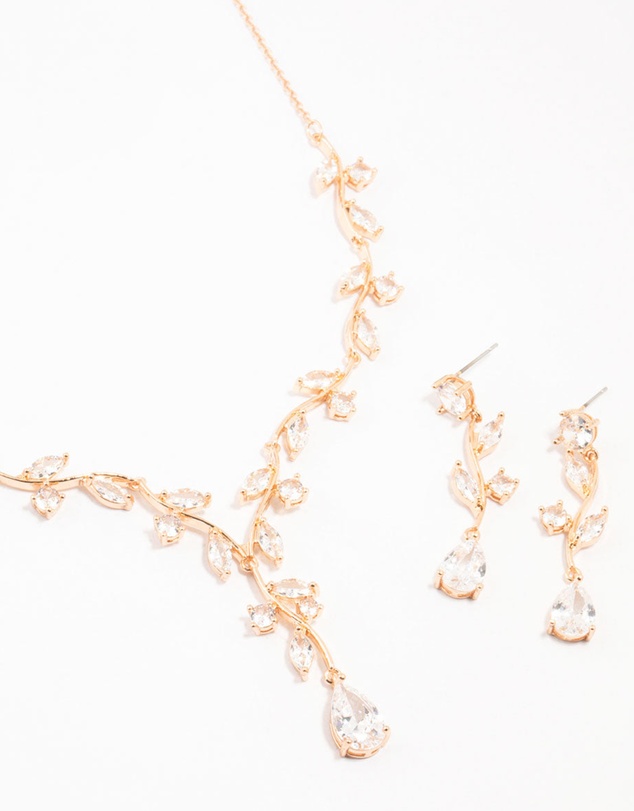 Lovisa - Gold Creeping Crystal Roses Necklace & Earrings Set