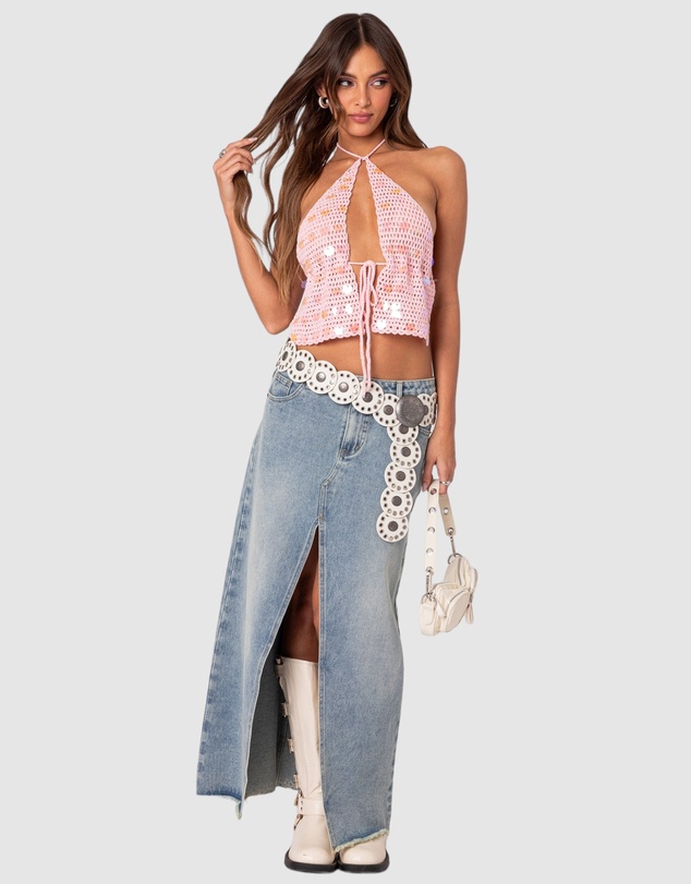 EDIKTED - Sequin Crochet Open Back Top
