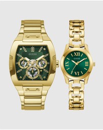 GUESS - Guess Gents and Ladies Set - Phoenix Gold Tone & Green & Veda Ladies Gold Tone Analogue