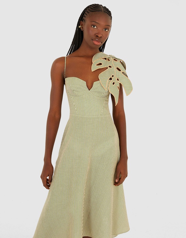 Farm Rio - Striped Monstera Leaf Sleeveless Dress