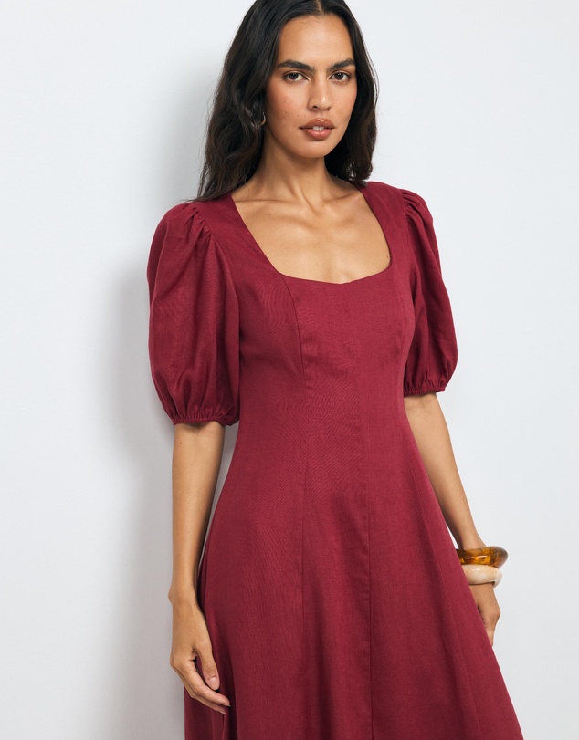 AERE - Portia Linen Puff Sleeve Midi Dress