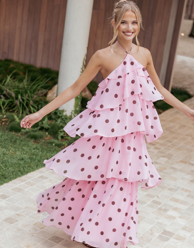Petal & Pup - Chasity Halterneck Maxi Dress - Pink Polka Dot