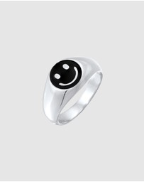 Kuzzoi - ICONIC EXCLUSIVE - Ring Signet ring with Smiling Face Trend Enamel Black in 925 Sterling Silver