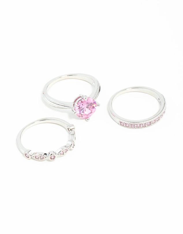 Lovisa - Pink Cubic Zirconia 3 Ring Stack Pack