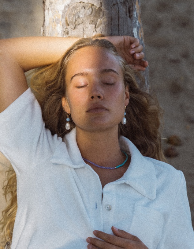 Ottoman Hands - Dawn Blue Chalcedony and Pearl Drop Huggie Earrings