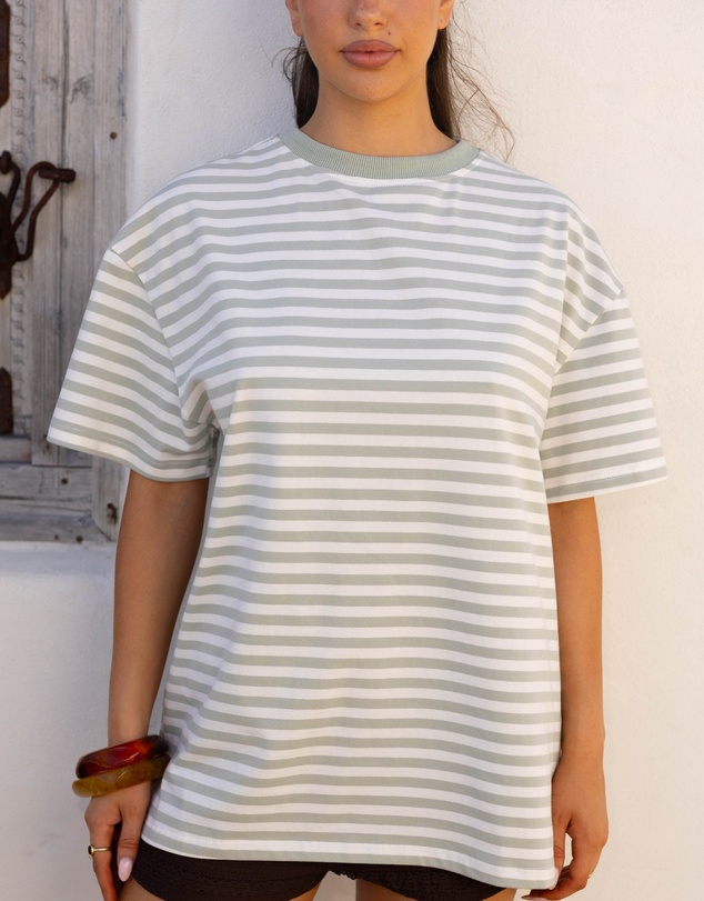 Beginning Boutique - Alba Sage Stripe Oversized Tee