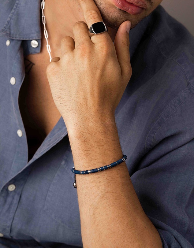 Nialaya Jewellery - Men's Beaded Bracelet with Dark Blue and Silver Disc Beads